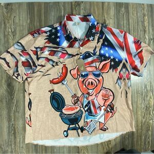 NWT Hardaddy 4XL Short Sleeve Doubled Sided Print Patriotic Pig BBQ Cookout
